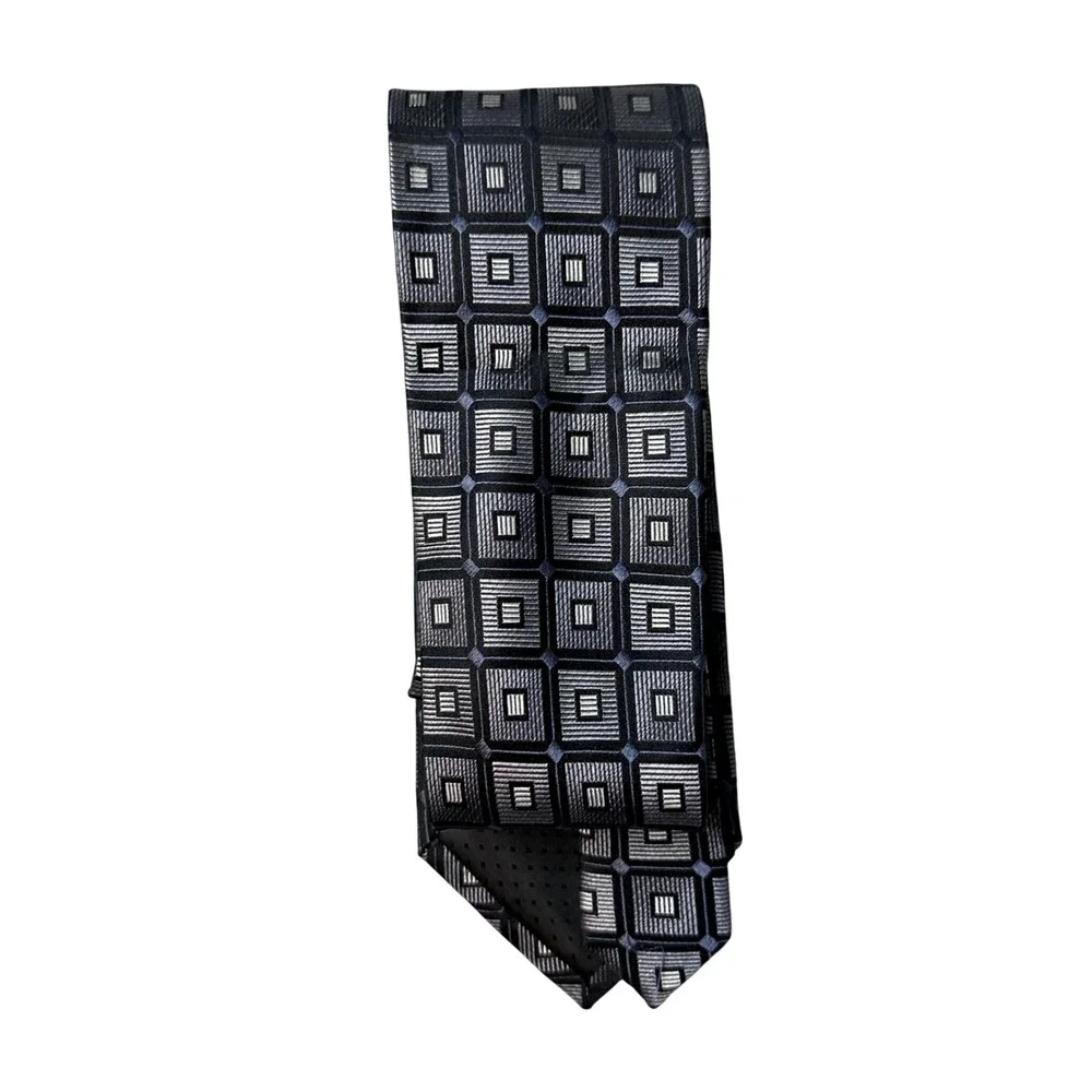 Pierre‎ Cardin Necktie Mens One Size Black Grey Geometric Square 100% Silk Tie